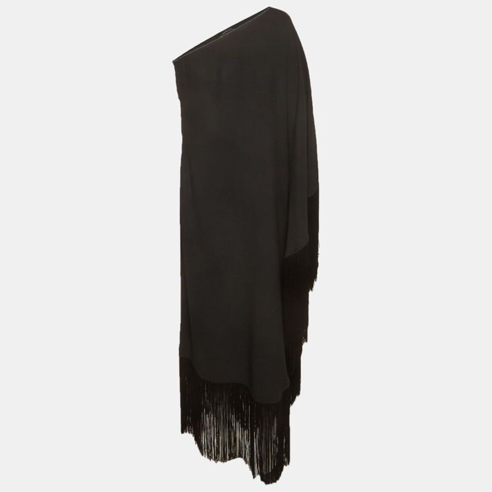Taller Marmo Black Crepe Fringed One Shoulder Midi Dress M - Picture 3 of 5